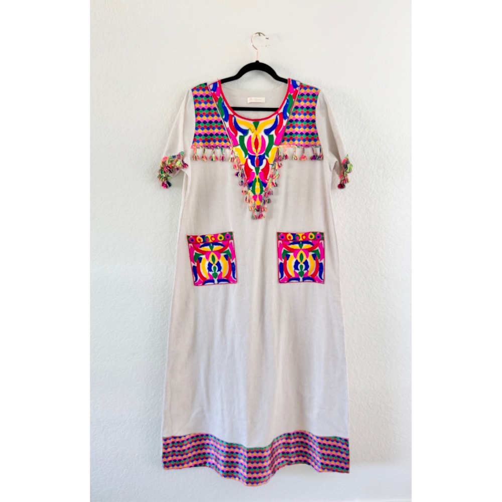 Be Elegant Kaftan Dress Womens Medium Oatmeal Embroidered Tassel Vintage Maxi